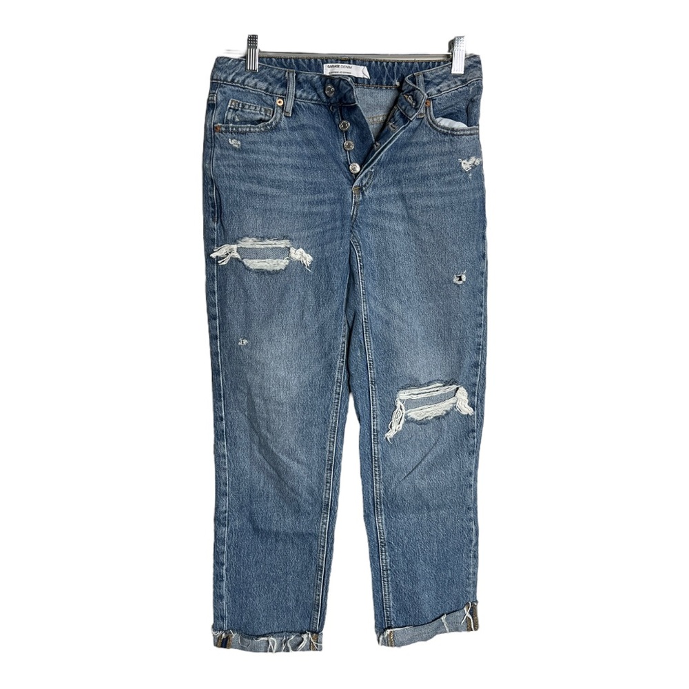 Garage Denim Ex-Boyfriend Jeans Blue Medium Wash Button Fly Distressed Destroyed